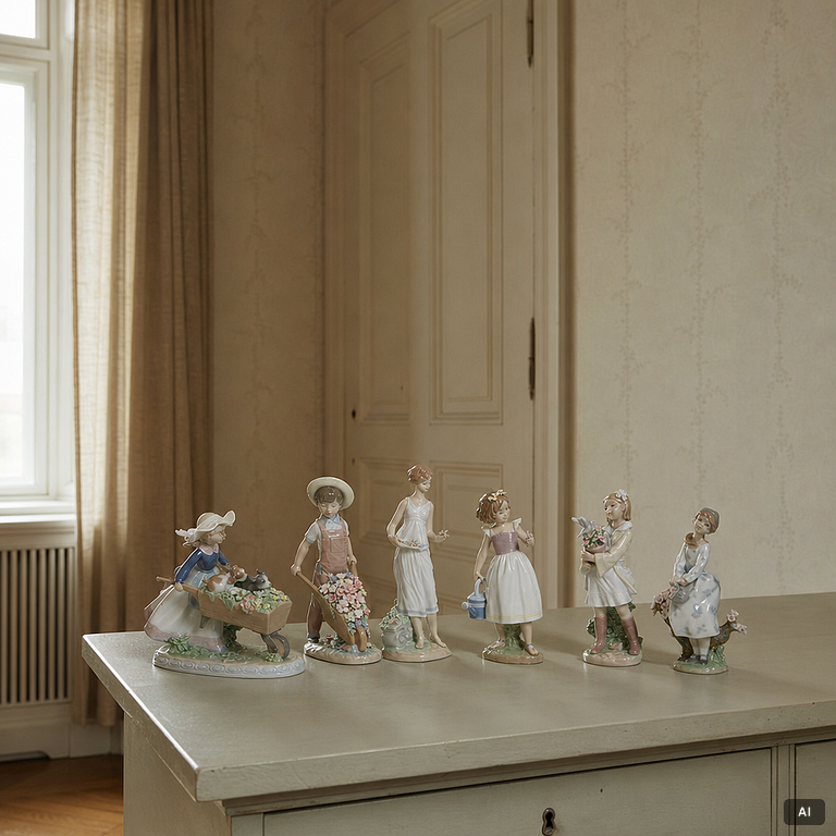 Lladró, 6 figurines, including "Wheelbarrow with flowers", "A barrow of fun", "A walk through blossoms", "Morning melodies".
