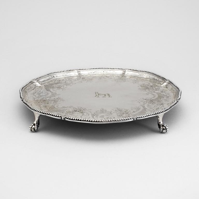 An English 18th century silver salver, marked IC, London 1772.