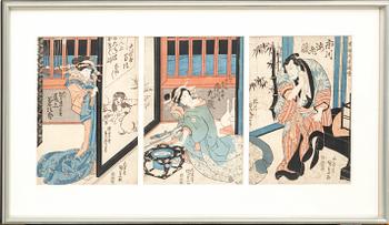 Utagawa Kunisada (Toyokuni III) färgträsnitt triptyk Japan 1800-tal.