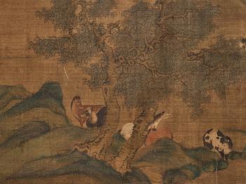 A long scroll painting after Zhao Yong (Zhao Zhongmu 1289-1369), ink and colour on paper and on silk, Qing dynasty.