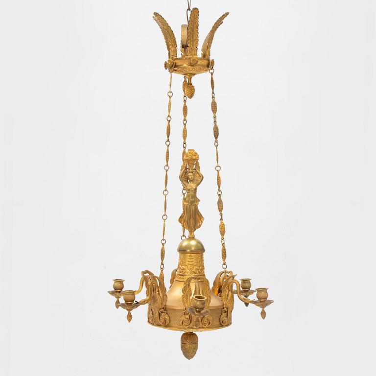 A presumably Italian Empire six-light ormolu chandelier, early 19th century.
