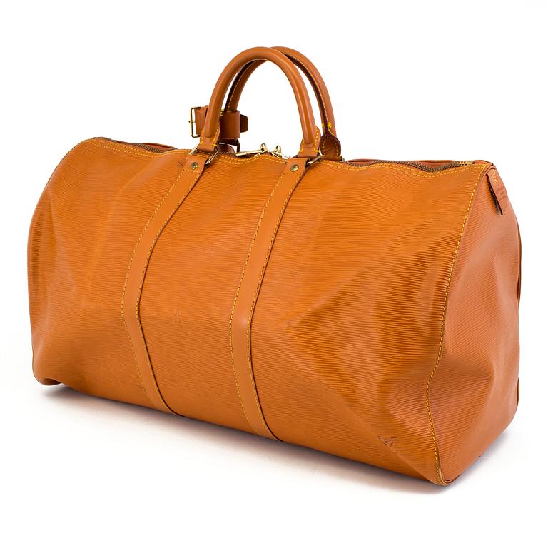 A BROWN EPI LEATHER KEEPALL 50 TRAVEL BAG.