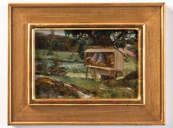Ernst Josephson, "Sommarlandskap med bikupor" (Summer landscape with beehives).