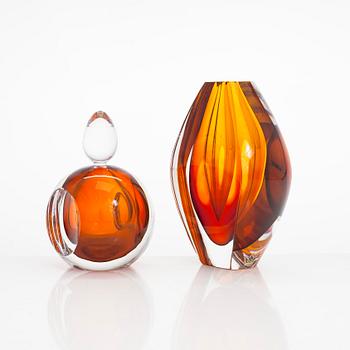 Mona Morales-Schildt, a 1960s 'Ventana' glass bowl, and a bottle, Kosta. Vase marked with label, the bottle signed.