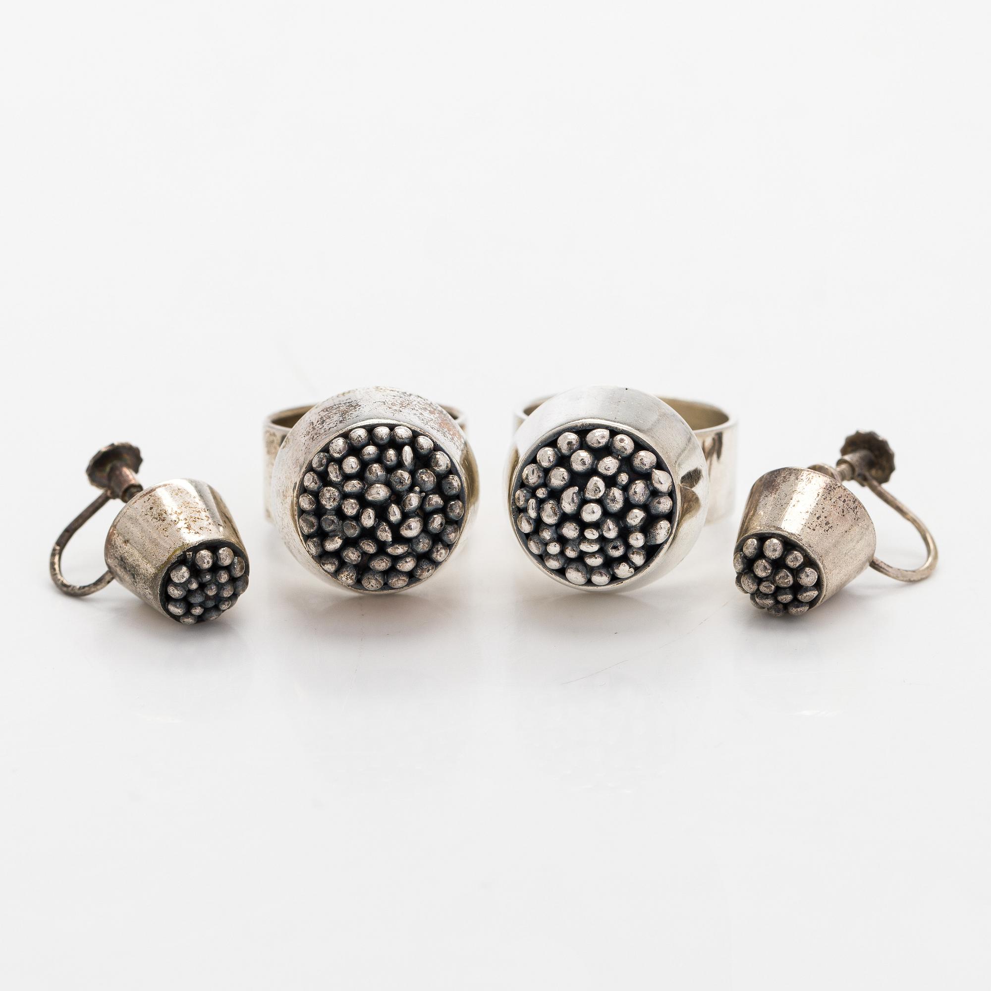 Rings and earrings, silver, Tillander, 1950 / 60s.