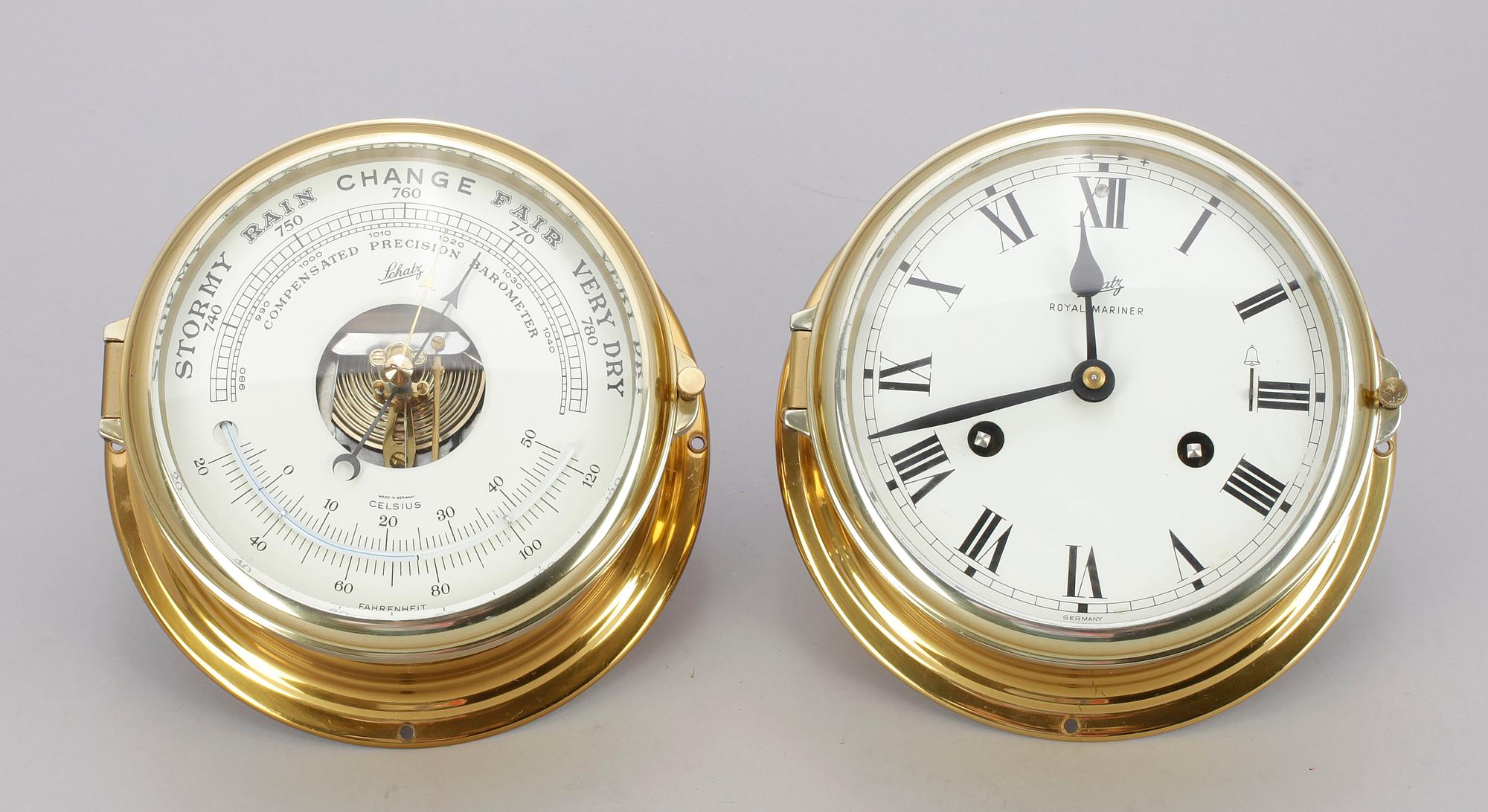 SKEPPSUR OCH BAROMETER, mässing, Schatz, 1900-talets andra hälft.