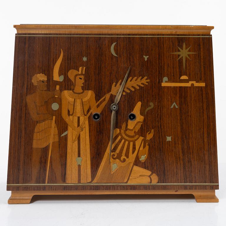 A table clock, 'The Three Wise Men', Mjölby Intarsia, 1930s.