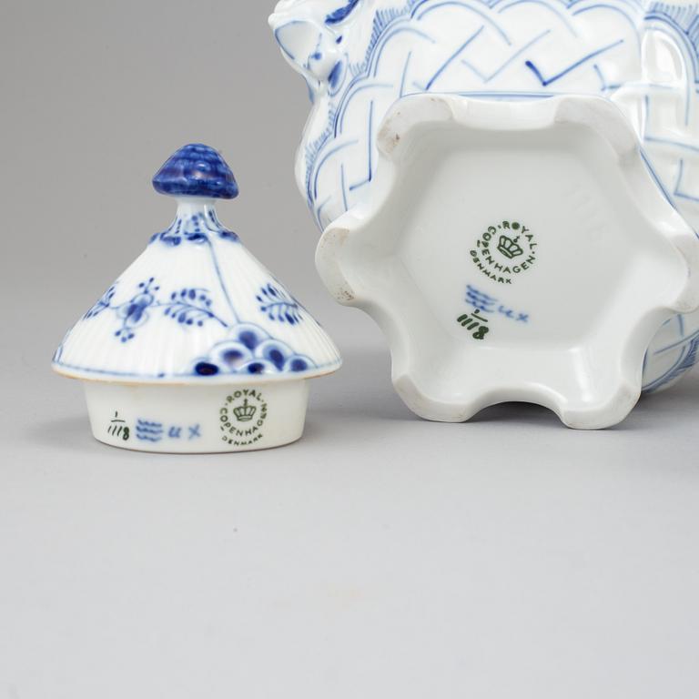 ROYAL COPENHAGEN, a 'Musselmalet Full Lace' porcelain teapot, creamer and sugarbowl, Denmark.