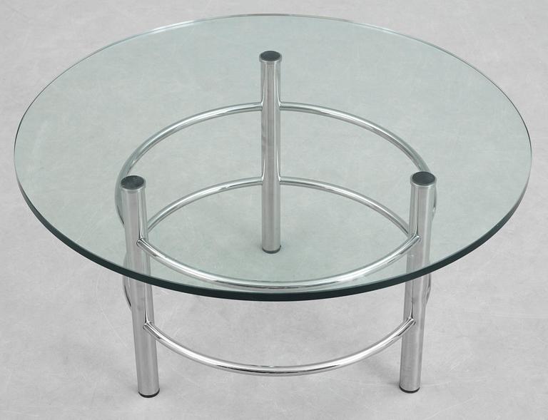 A Jonathan de Pas, Donato d'Urbino & Paolo Lomazzi 'Rio' glass and chromed steel coffee table, Zanotta, Italy.