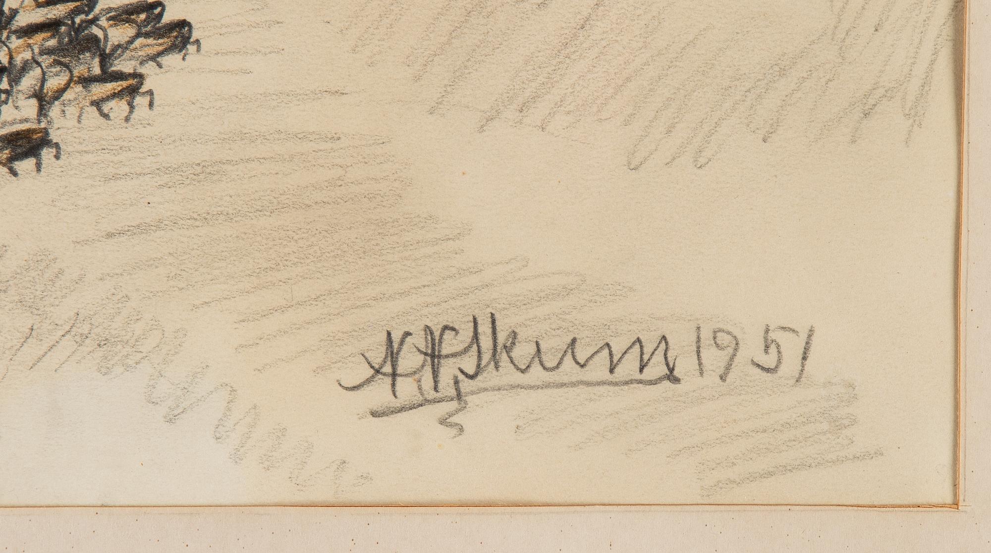Nils Nilsson Skum, krit- och blyertsteckning, signerad och daterad 1951.