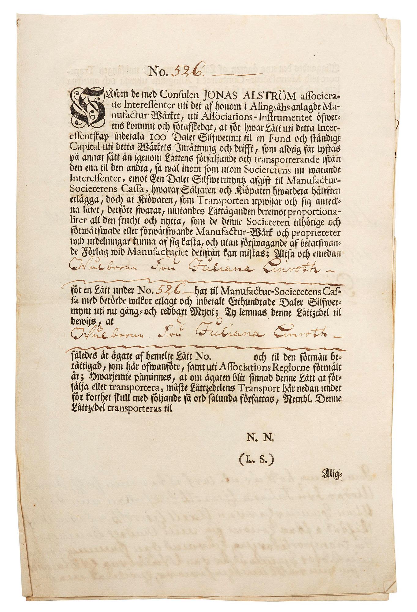 A Swedish share certificate, Ahlingsåhs Manufaktur Werk, No 526, 1728.