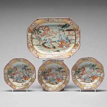 842. A famille rose serving dish with three soup dishes, Qing dynasty, Qianlong (1736-95).