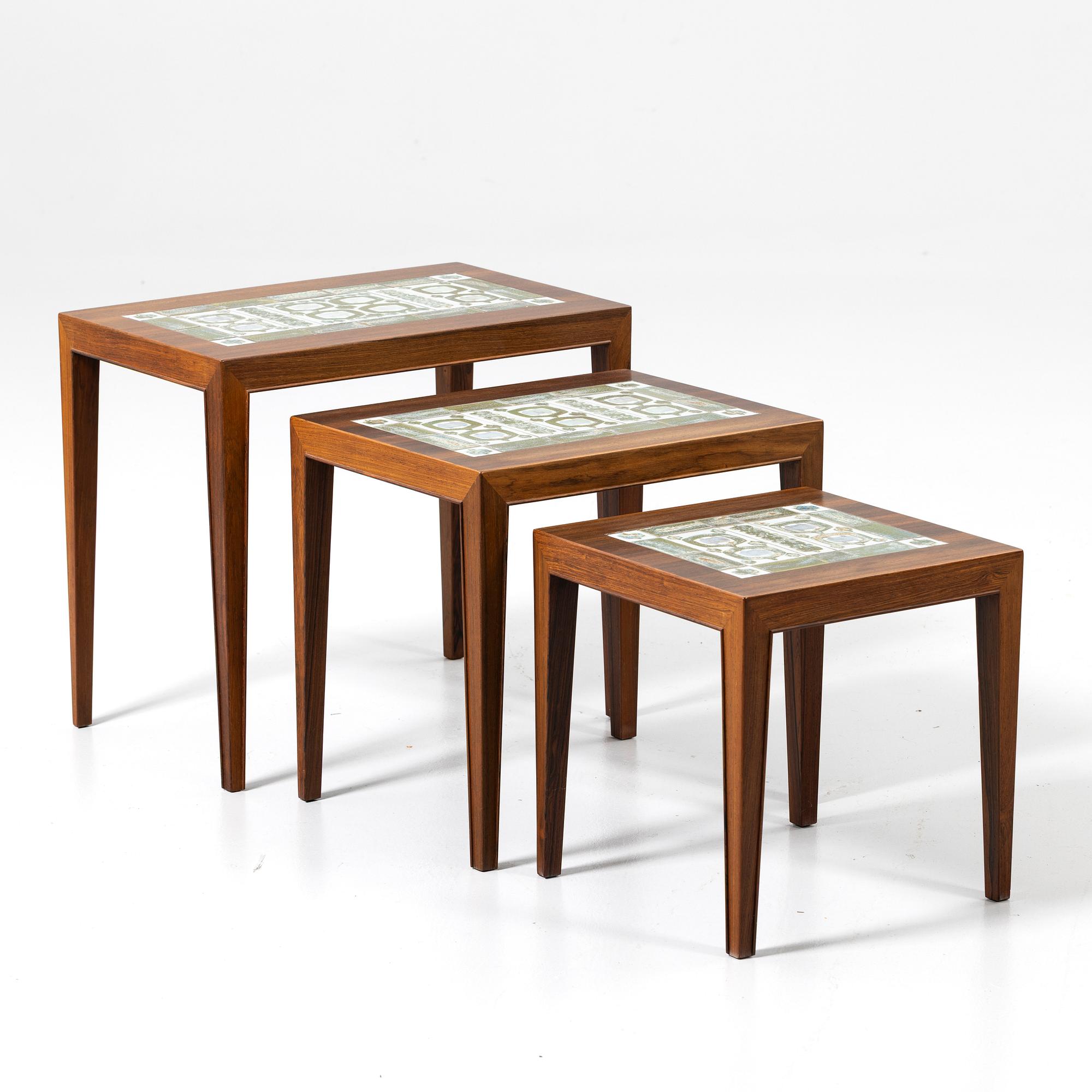 Nest of tables, three pieces, Denmark, second half of the 20th century.