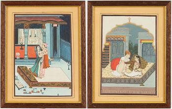 Unidentified artist, Erotic scenes in palace settings, India, 20th century. Two pieces.