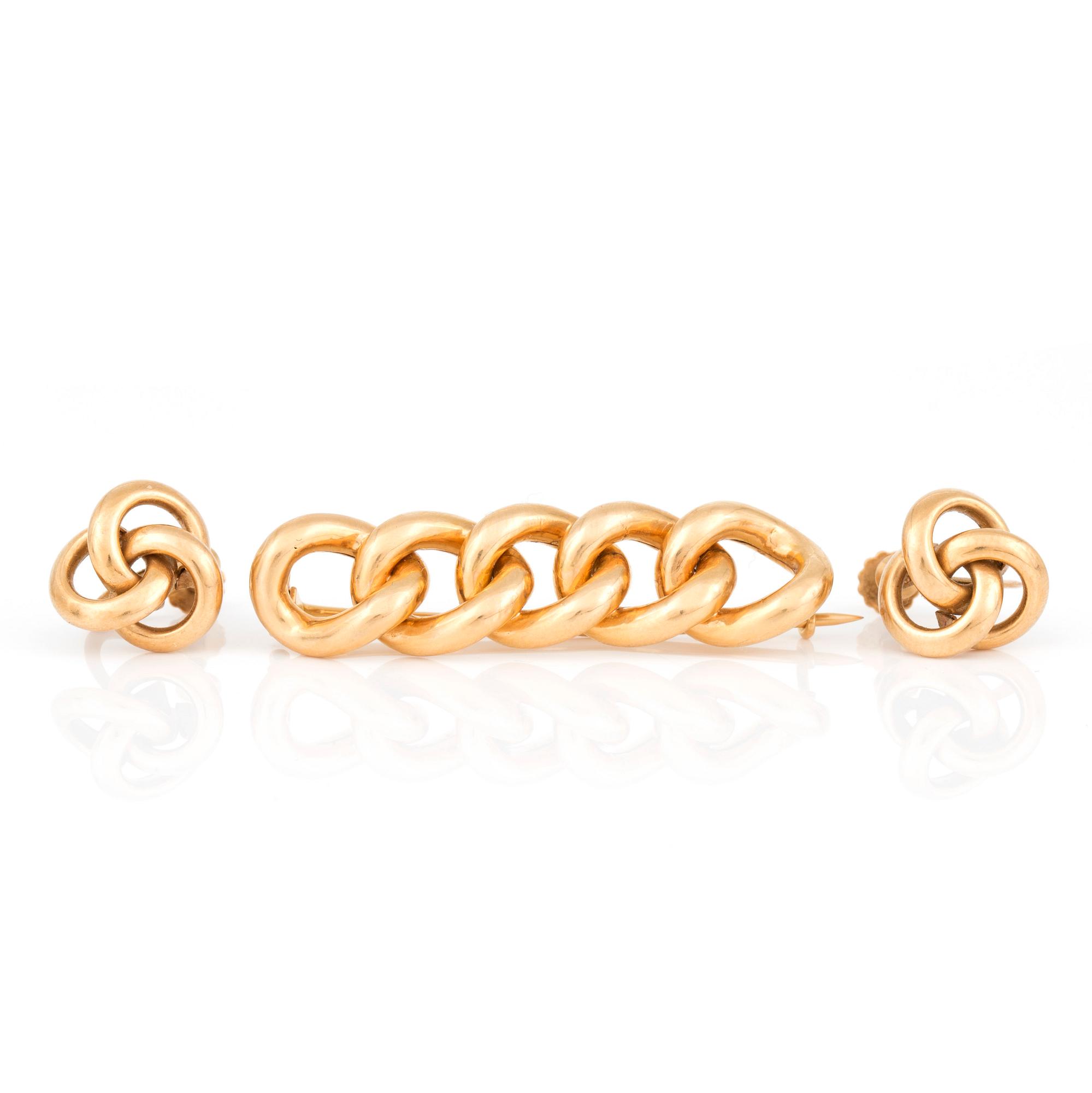 BROSCH samt ÖRHÄNGEN, 1+2, 18 k guld, bland annat GD&CO Malmö, 1898. Vikt ca 6 g.