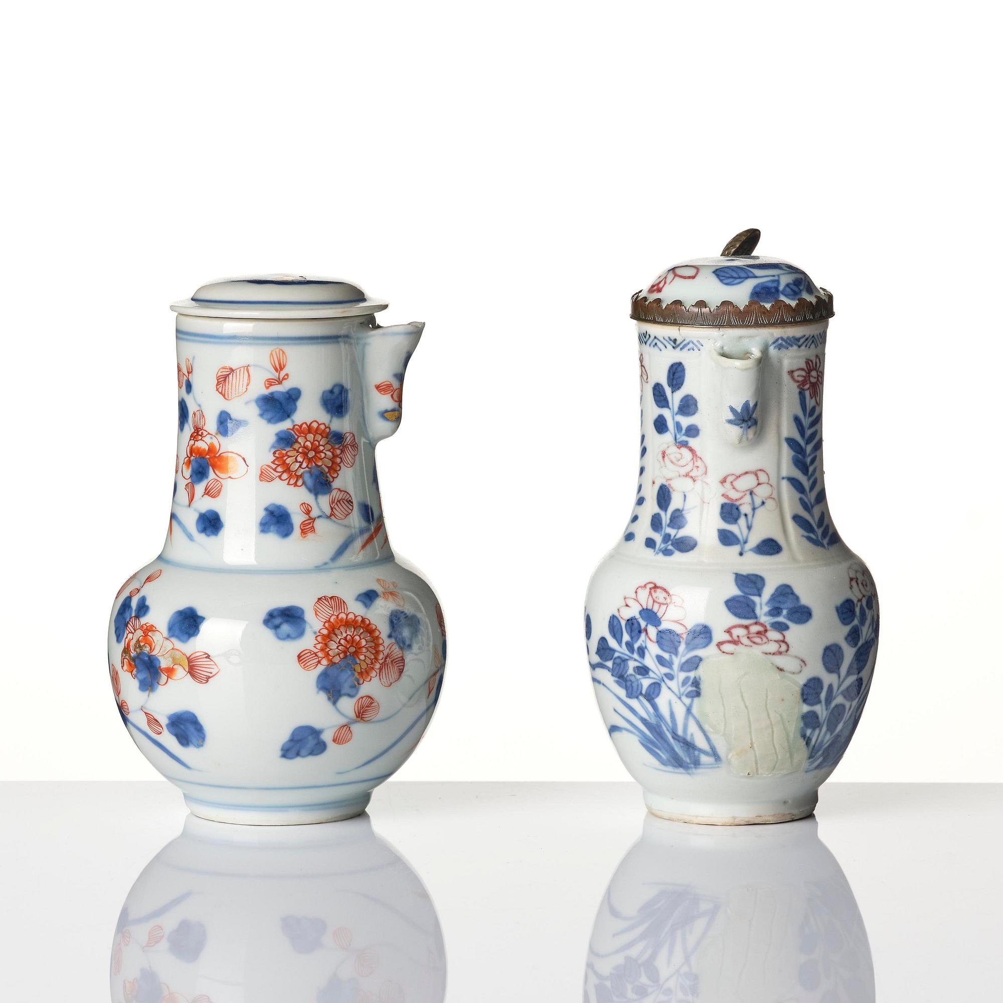 An underglaze red, celadon and an imari ewer with cover, Qing dynasty, Kangxi (1662-1722).