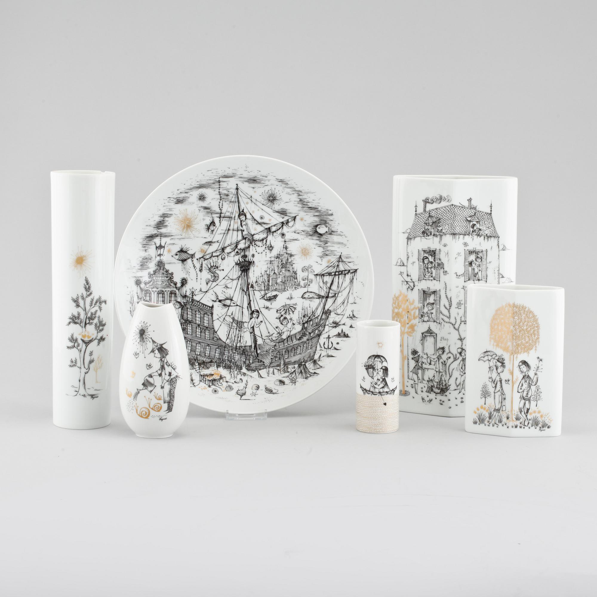A lot of five vases and one plate by Raymond Peynet for Rosenthal.