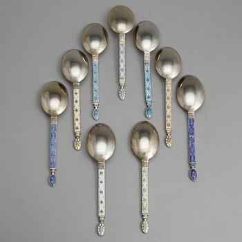 DESSERTSKEDAR, 9 st, emalj och silver, J Tostrup, Norge, Oslo, 1900-tal. Tot vikt ca 195 gram.
