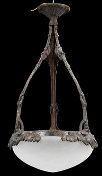 TAKLAMPA, gjuten patinerad mässing o glas, Böhlmarks lampfabrik, jugend, 1900-talets början. H 90.