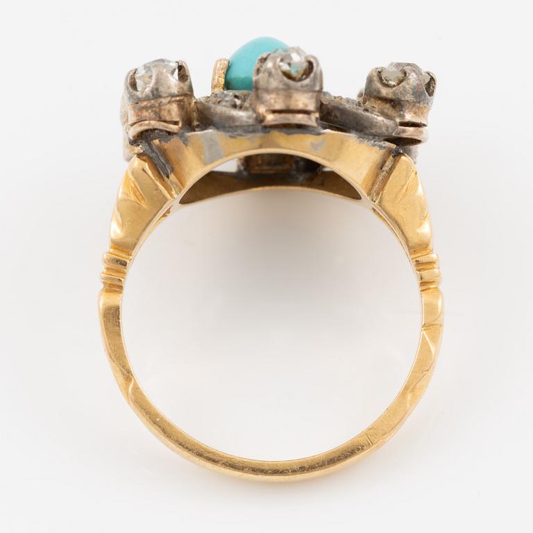 Ring 18K gold and silver with a turquoise and old-cut diamonds.