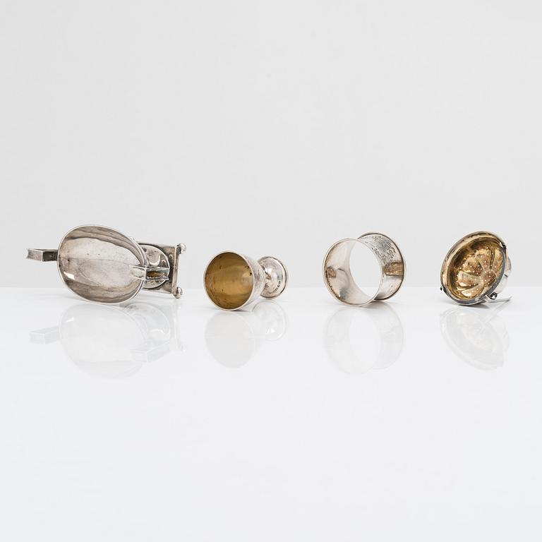 Four Finnish silver tableware objects, maker's marks of Viktor Aarne, O.R. Mellin, and others, 1861-1930.