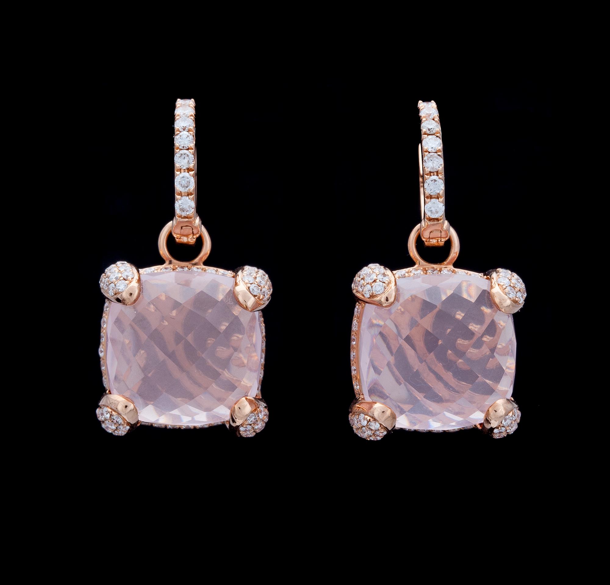 A pair of rose quartz and brilliant cut diamond earrings, tot. app 1 ct.
