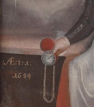 Okänd konstnär, 1600-tal, Minnesporträtt av en flicka vid 1 års ålder hållandes rosor och fickur.