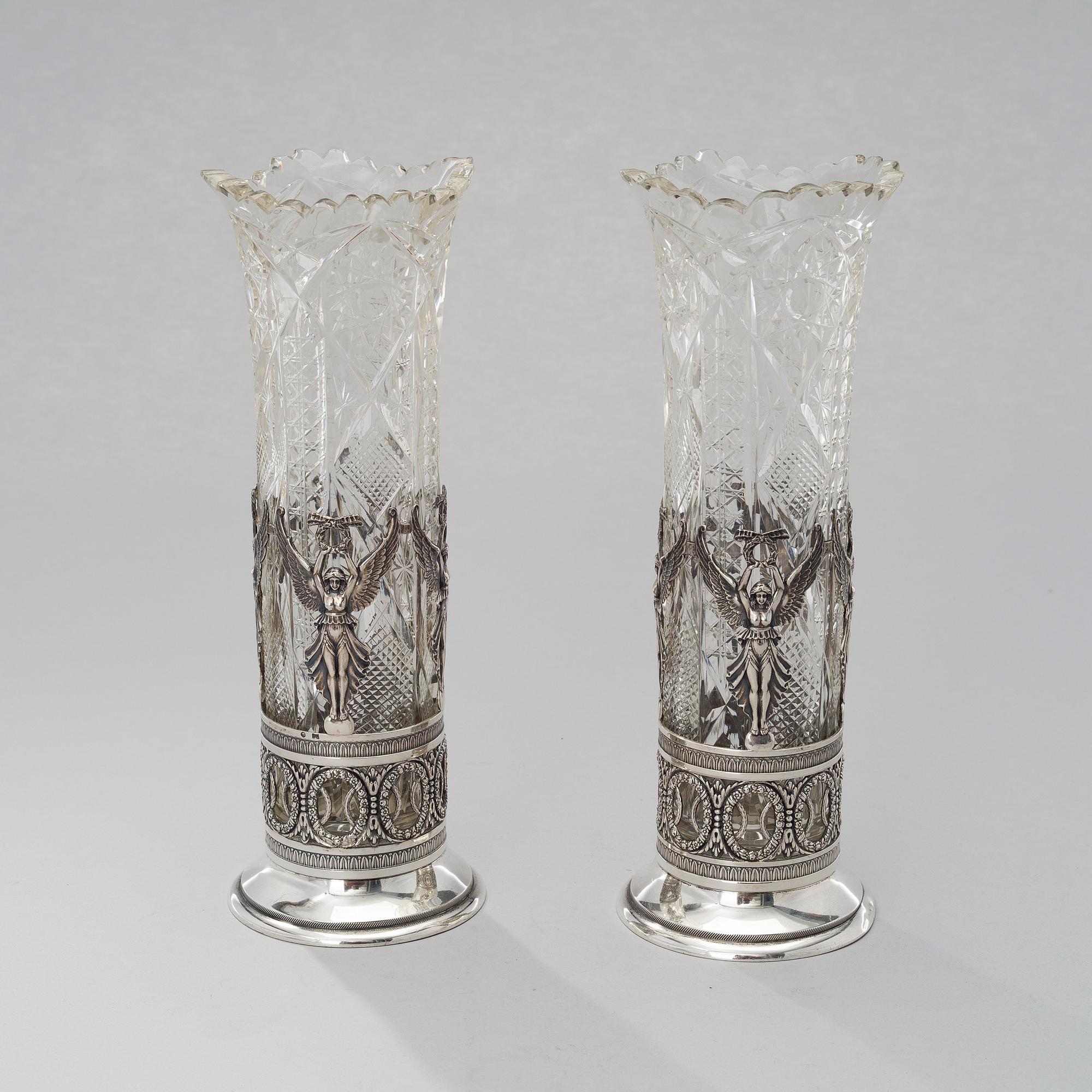 A PAIR OF CUT GLASS AND SILVER VASES, Russia, Moscow ca 1900, Ovtchinnnikov.