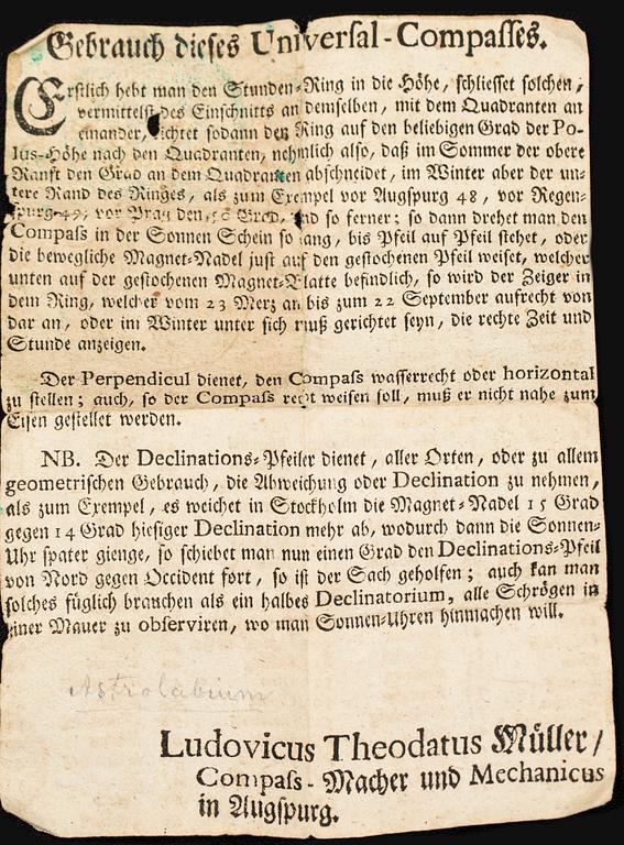 SOLUR/ASTROLABIUM, sent 1700-tal, signerad Ludovicus Theodatus Müller, Augsburg, mässing.