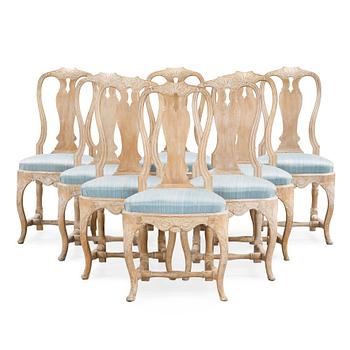 1235. Eight Swedish Rococo 18th century chairs.