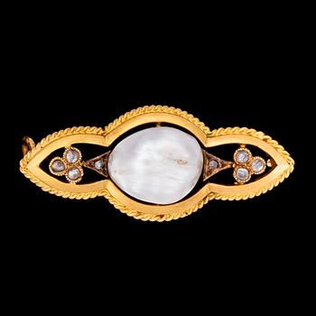 1199. A natural pearl and rose cut diamond brooch, late 19th century.