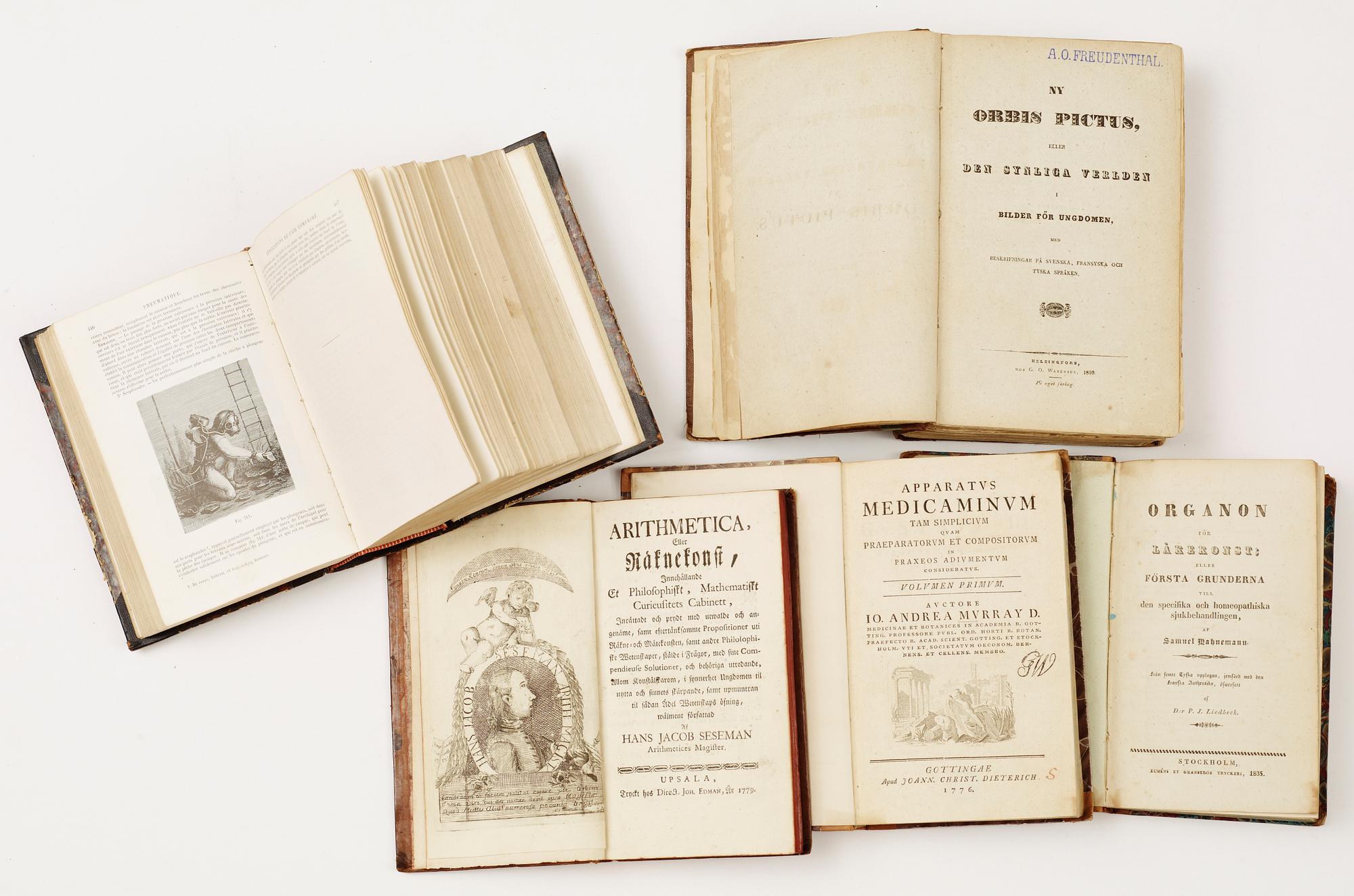 BOKPARTI OM UPPFINNINGAR OCH NATURVETENSKAP SAMT LÄKEKONST, 18 vol, bla "Stjern-himmelen.." av CA. Bischof, Stockholm 1796.