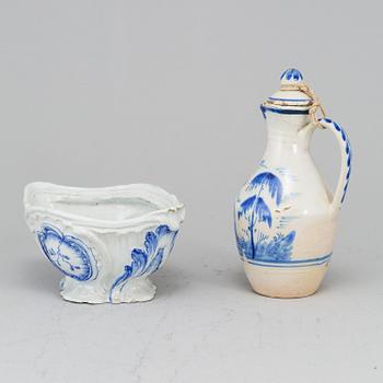 A faience tureen, unmarked, presumably Mariberg, 18th Century and a ewer with cover, 18th Century, unmarked.