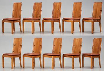 Axel Einar Hjorth, a set of ten "Lovö" stained pine dining chairs, Nordiska Kompaniet, Sweden 1930's.