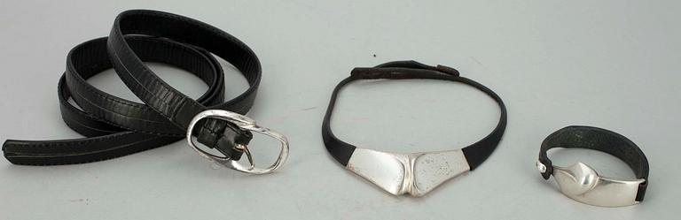 BJÖRN WECKSTRÖM, HALSSMYCKE, ARMBAND samt SKÄRP, silver, läder, Björn Weckström, Lapponia 1984.