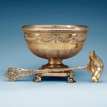 869. A Swedish 20th century silver-gilt bowl and ladle, makers mark of  C.G. Hallberg, Stockholm 1918.