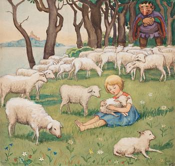 708. Elsa Beskow, The Girl and the Sheep (from "Resan till landet Längesen").