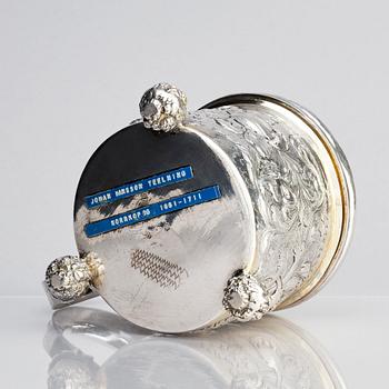 Johan Hansson Teelning, dryckeskanna, silver, (verksam i Norrköping 1661-1711), före 1700. Barock.