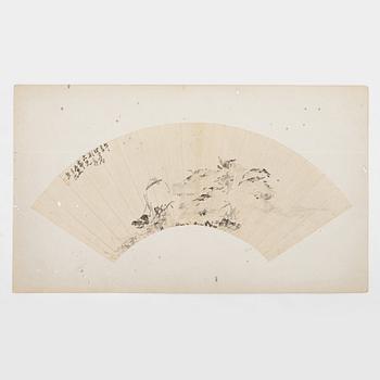 Oidentifierad konstnär, s.k. "Solfjädersmålning", Betande gäss, Kina, 1900-tal.