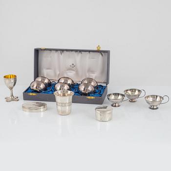 nine silver punsch mugs, Fritz Olsson AB and Ceson, Sweden, 1961, also two silver cups and two silver boxes.