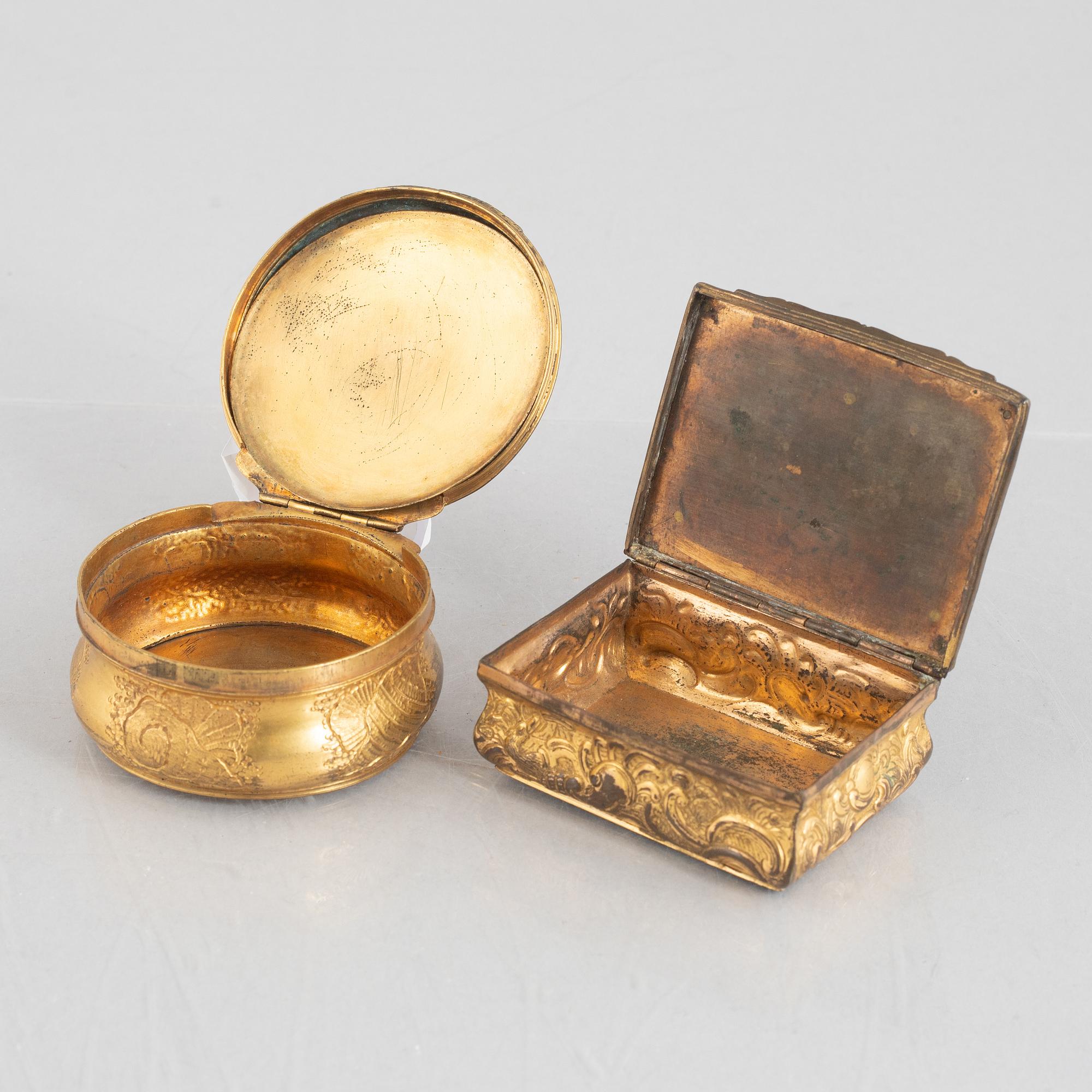 Two Louis XV gilt copper snuff boxes, later part 18th century.