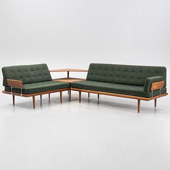 Peter Hvidt & Orla Mølgaard  Nielsen, a three piece 'Minerva' sofa group with table, FRance & Son, Denmark, 1960's.