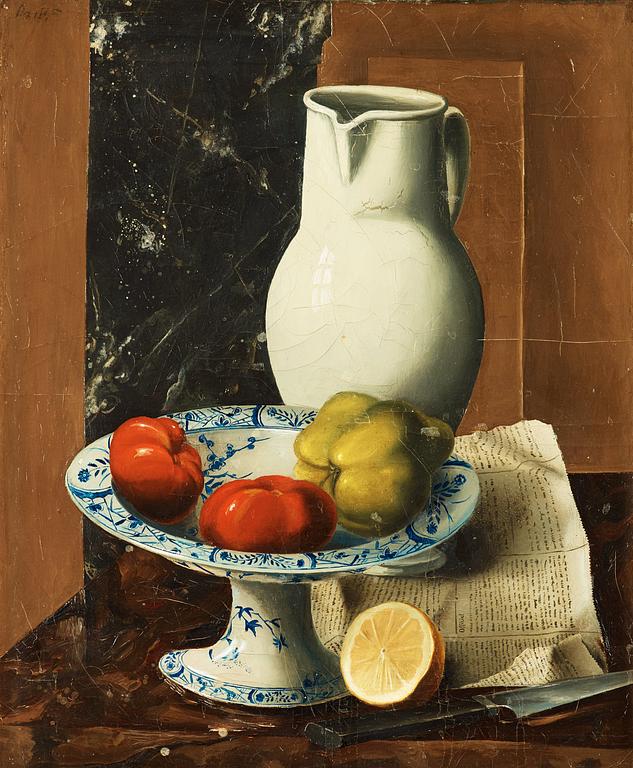 Amadé Barth, "Nature morte med vit kanna och frukter" (Nature morte with white pitcher and fruits).