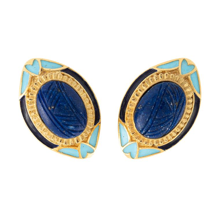 A pair of earrings in 18K gold with lapis lazuli and enamel.