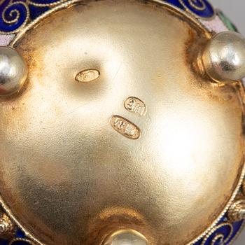 A Russian 20th century silver-gilt and enamled salt-cellar, mark of Maria Semenova, Moscow 1908-1917.