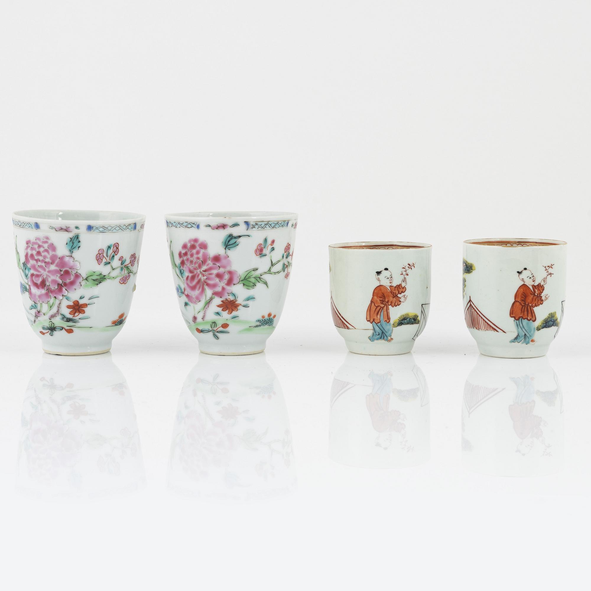 Two pairs of famille rose cups, a bowl, a small dish and a pair of deep dishes, Qing dynasty, 18th/19th century.