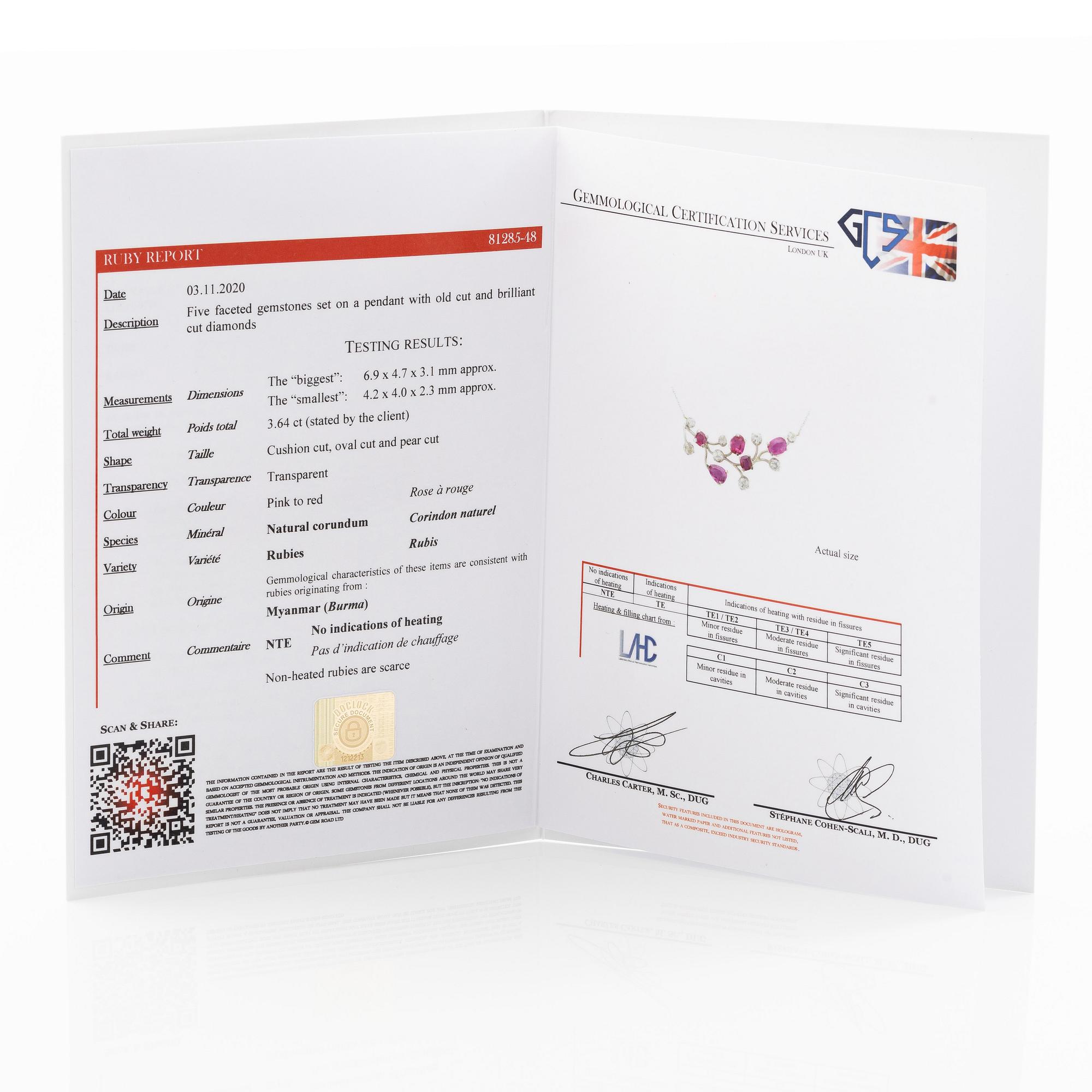 Necklace in 18K white gold with rubies and old-cut and brilliant-cut diamonds. Accompanied by a report from GCS.