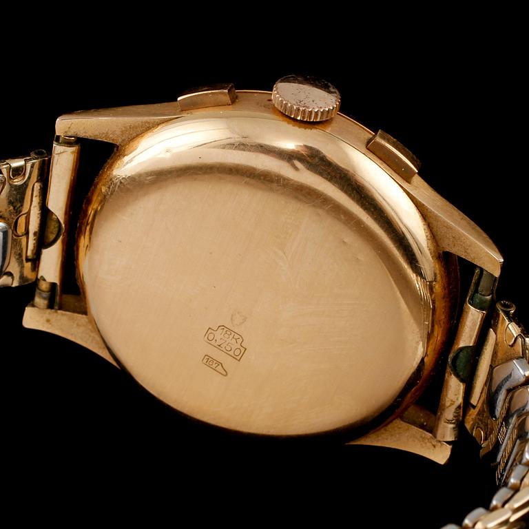 ARMBANDSUR,herr, 18K guld REX, Chronographe, 1900-talets mitt.