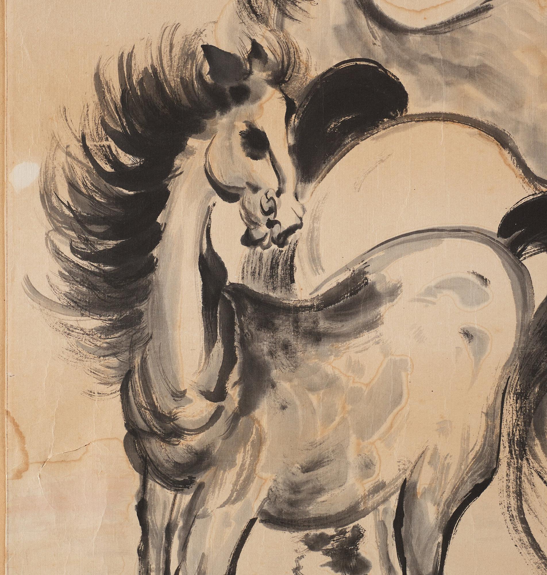MÅLNING av XU BEIHONG (1895-1953). Hästar, signerad samt daterad med sigill.