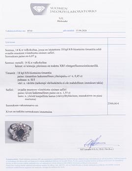 Sormus, viistehiottu safiiri, 8/8-hiotut timantit, 14K valkokultaa.